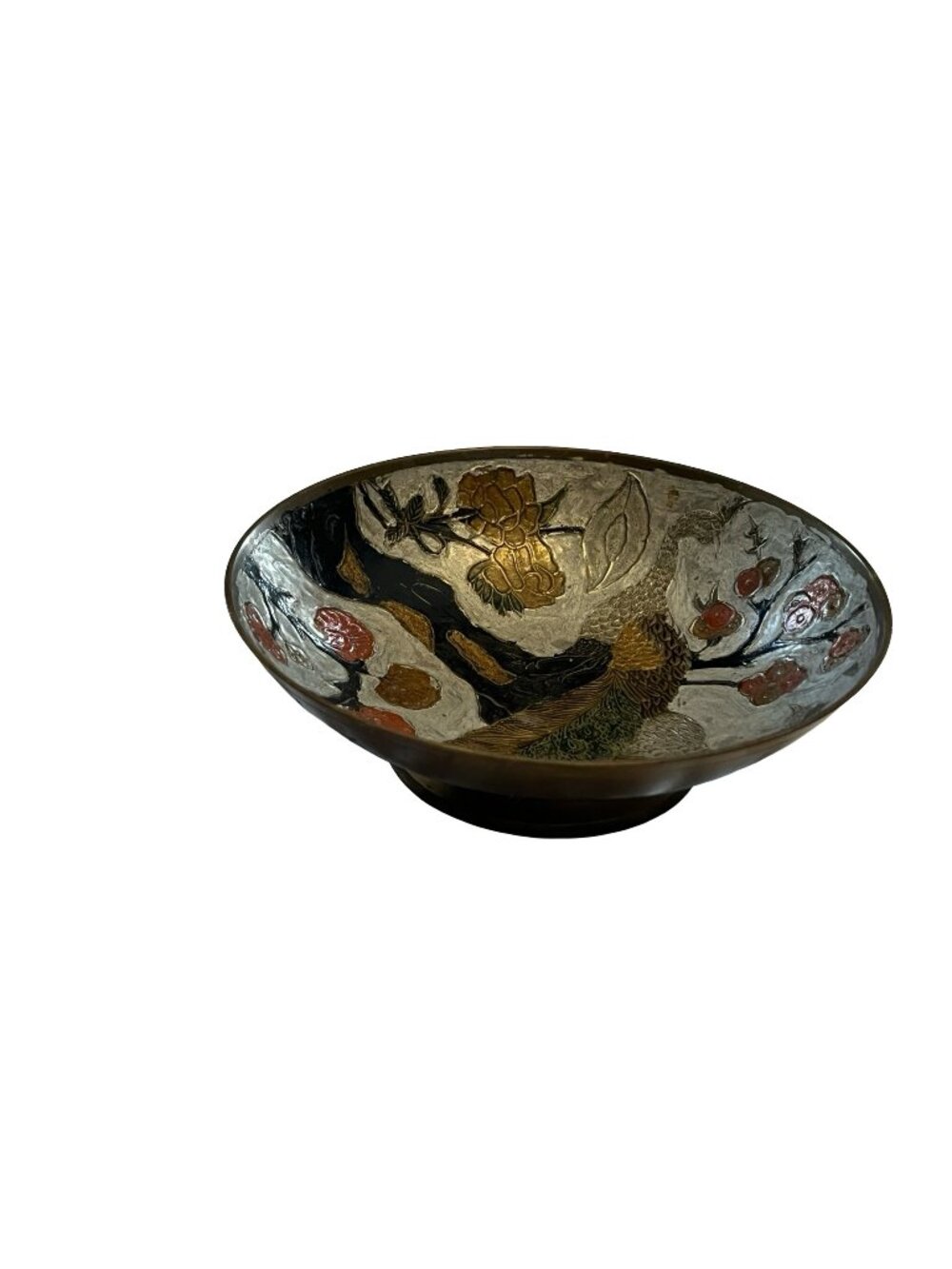 Vintage Hampton Brass Bowl Peacock Floral Relief Made In India Mid Century Decor